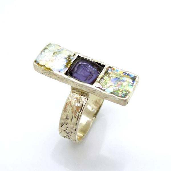 Rings - Purple Zircon And Roman Glass Gemstone Silver Ring