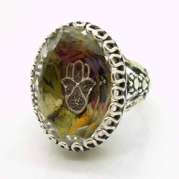 Rings - Real Flower Ring With A Hamsa Hand In A Clear Crystal Stone And Sterling Silver
