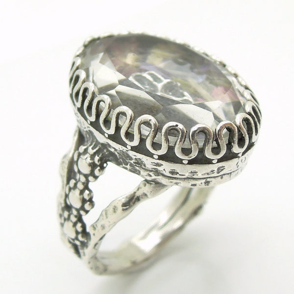 Rings - Real Flower Ring With A Hamsa Hand In A Clear Crystal Stone And Sterling Silver