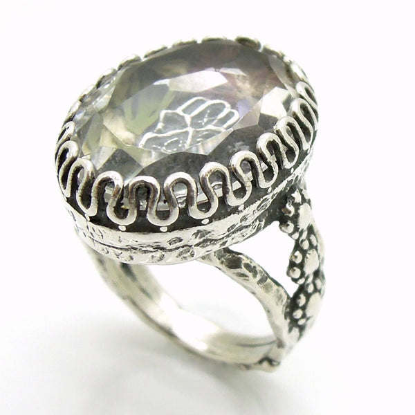 Rings - Real Flower Ring With A Hamsa Hand In A Clear Crystal Stone And Sterling Silver