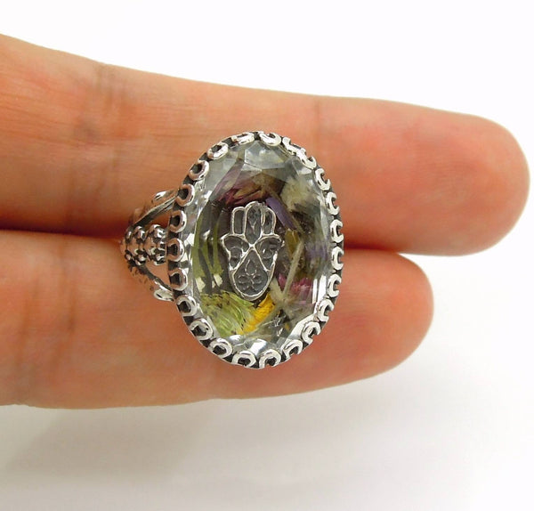 Rings - Real Flower Ring With A Hamsa Hand In A Clear Crystal Stone And Sterling Silver