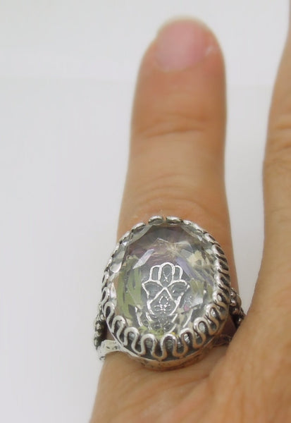 Rings - Real Flower Ring With A Hamsa Hand In A Clear Crystal Stone And Sterling Silver
