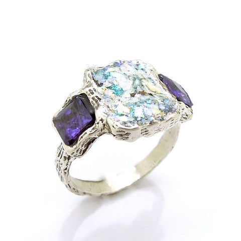 Rings - Roman Glass And Silver RIng - Purple Zircon Gemstone
