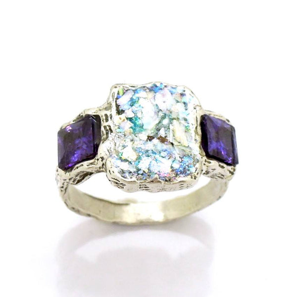 Rings - Roman Glass And Silver RIng - Purple Zircon Gemstone