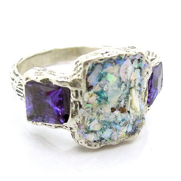 Rings - Roman Glass And Silver RIng - Purple Zircon Gemstone
