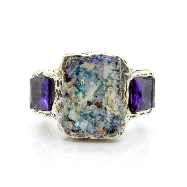 Rings - Roman Glass And Silver RIng - Purple Zircon Gemstone