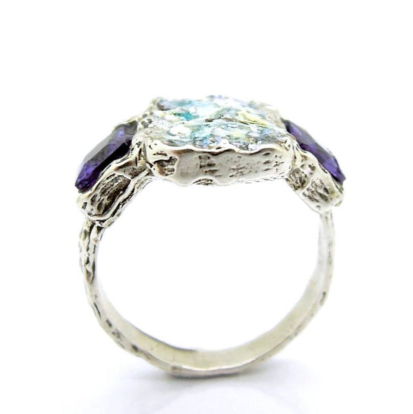 Rings - Roman Glass And Silver RIng - Purple Zircon Gemstone