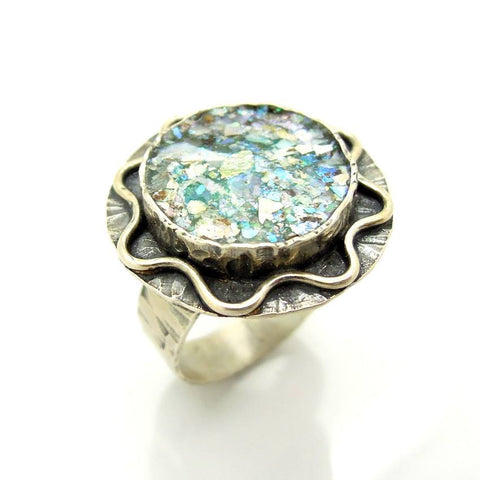 Rings - Round Roman Glass Large Silver Ring With Wavy Wires Around