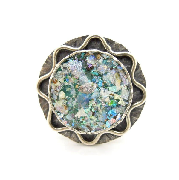 Rings - Round Roman Glass Large Silver Ring With Wavy Wires Around