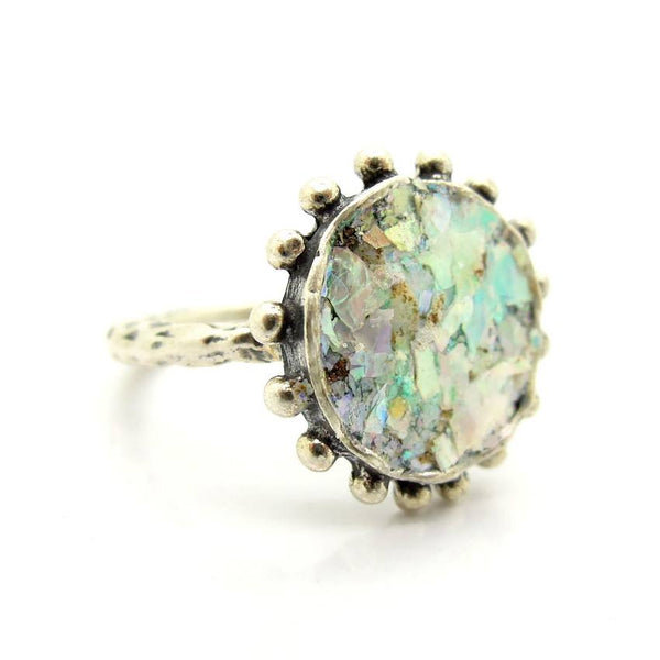 Rings - Round Top Silver And Roman Glass With Circles Ring
