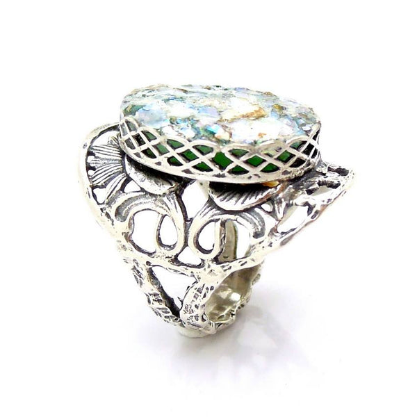 Rings - Scroll Curved Silver And Roman Glass Oval Ring
