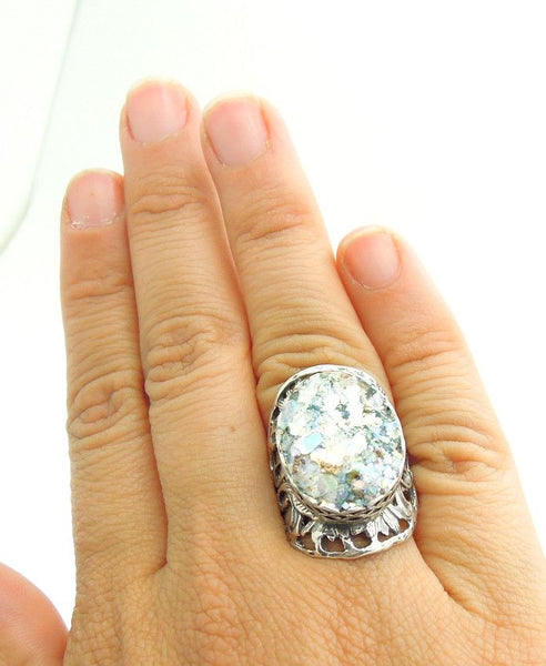 Rings - Scroll Curved Silver And Roman Glass Oval Ring