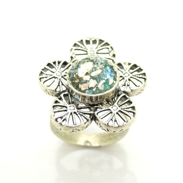 Rings - Silver And Roman Glass Large Flower Ring #2