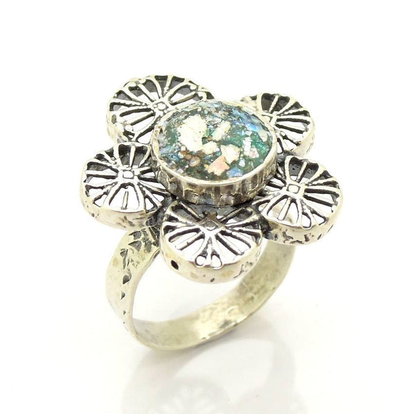Rings - Silver And Roman Glass Large Flower Ring #2