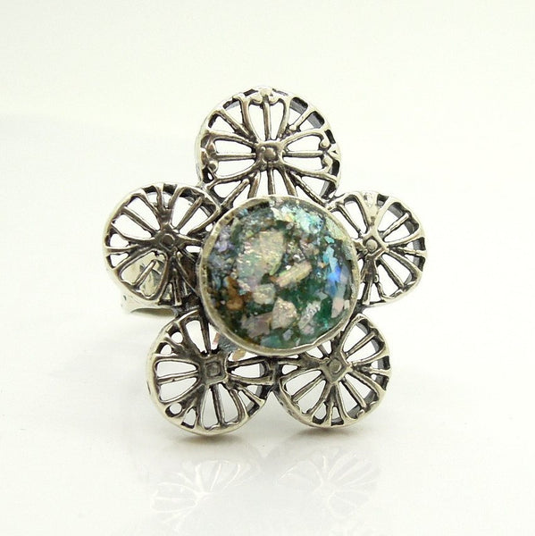 Rings - Silver And Roman Glass Large Flower Ring #2