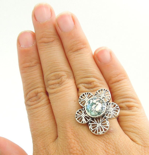 Rings - Silver And Roman Glass Large Flower Ring #2