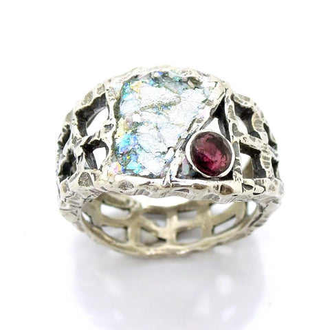 Rings - Silver And Roman Glass Large Ring For Men With A Garnet