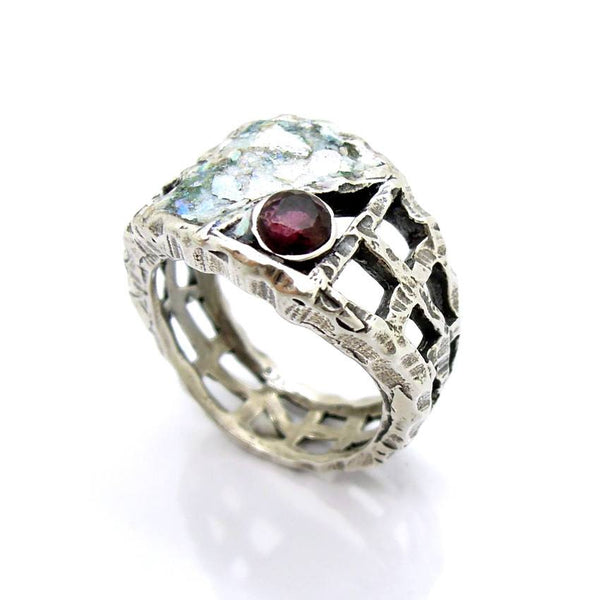 Rings - Silver And Roman Glass Large Ring For Men With A Garnet