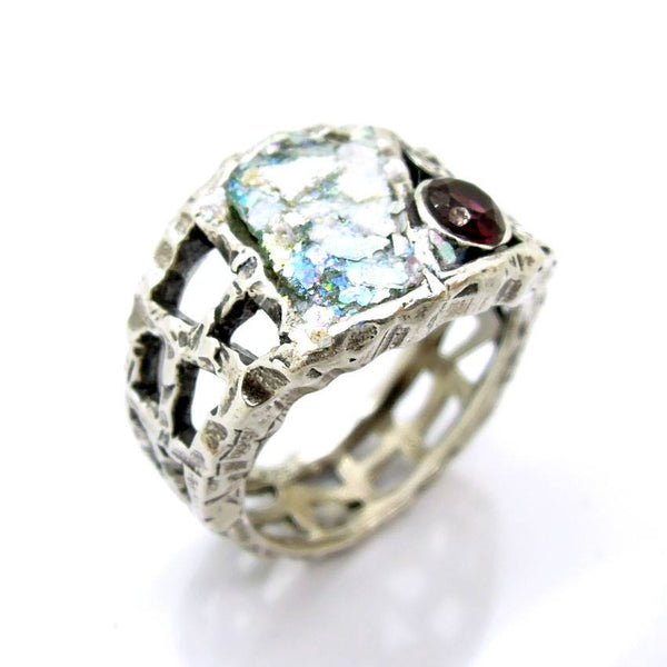 Rings - Silver And Roman Glass Large Ring For Men With A Garnet