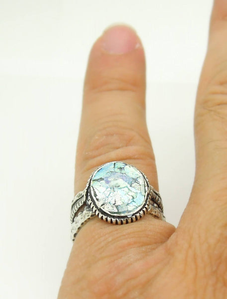 Rings - Silver Ring For Men &women With Roman Glass, Round Top And Circle Around The Band