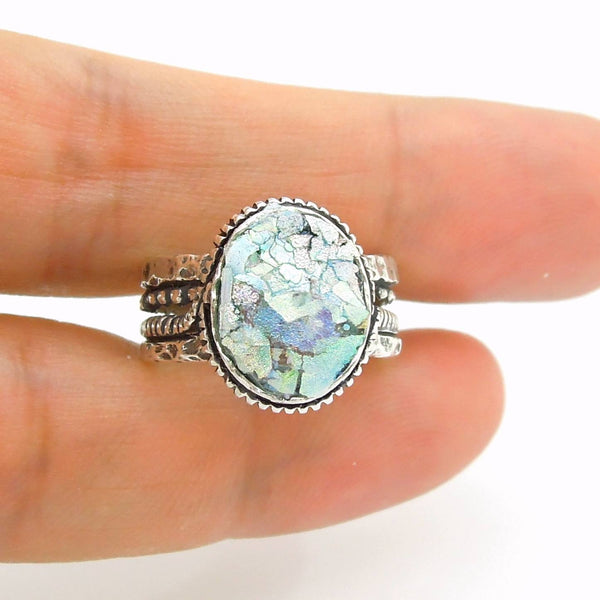 Rings - Silver Ring For Men &women With Roman Glass, Round Top And Circle Around The Band