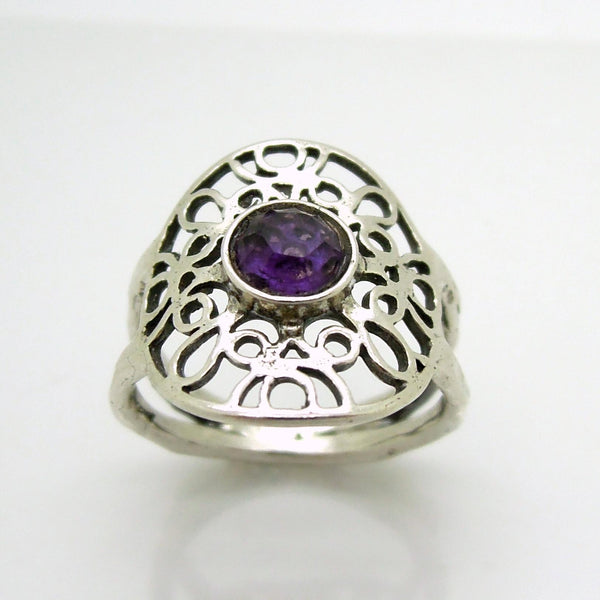Rings - Silver Ring With Amethyst At The Center, Filigree Design