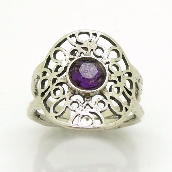 Rings - Silver Ring With Amethyst At The Center, Filigree Design