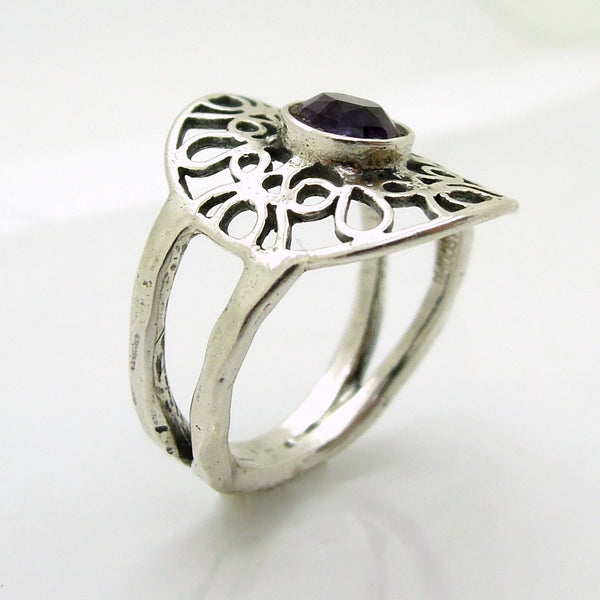 Rings - Silver Ring With Amethyst At The Center, Filigree Design