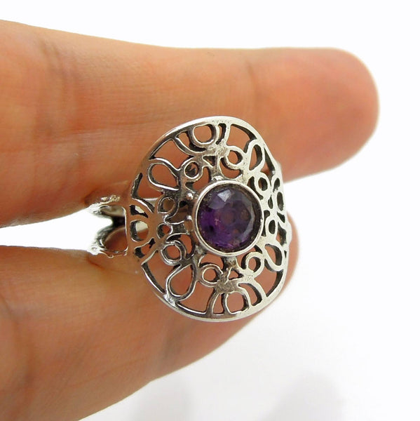 Rings - Silver Ring With Amethyst At The Center, Filigree Design