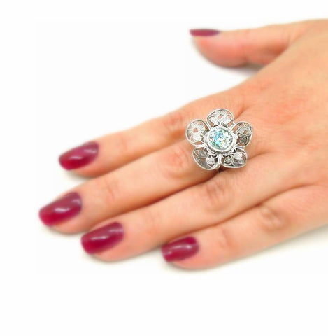 Rings - Silver Sterling And Roman Glass Large Filigree Flower Ring #3