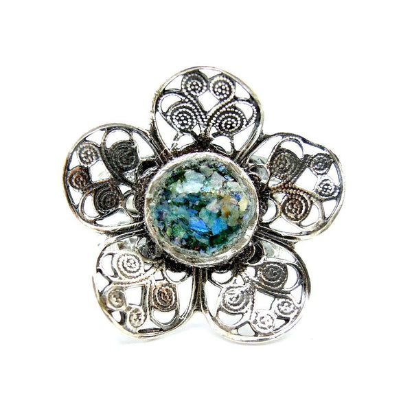 Rings - Silver Sterling And Roman Glass Large Filigree Flower Ring #3