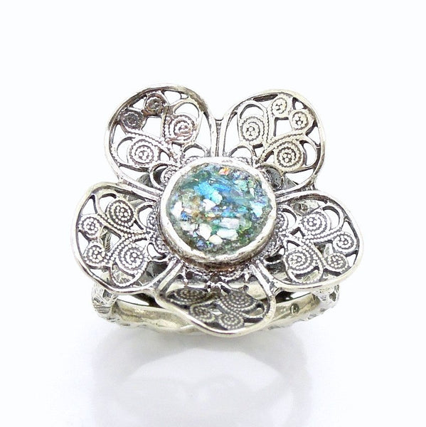Rings - Silver Sterling And Roman Glass Large Filigree Flower Ring #3