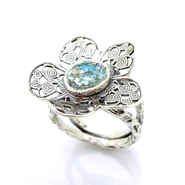 Rings - Silver Sterling And Roman Glass Large Filigree Flower Ring #3