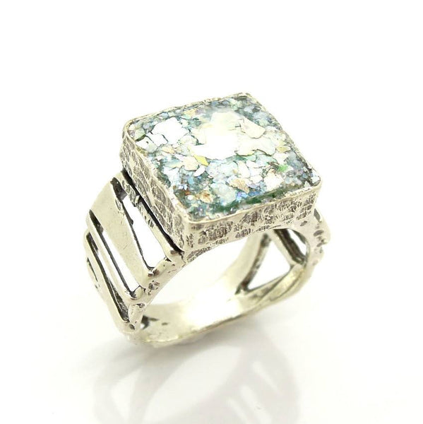 Rings - Square Silver And Roman Glass Metalwork Ring