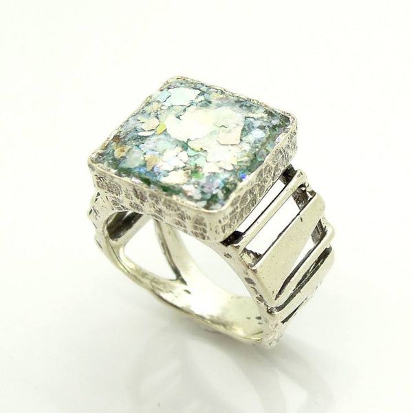 Rings - Square Silver And Roman Glass Metalwork Ring