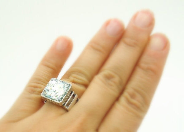 Rings - Square Silver And Roman Glass Metalwork Ring