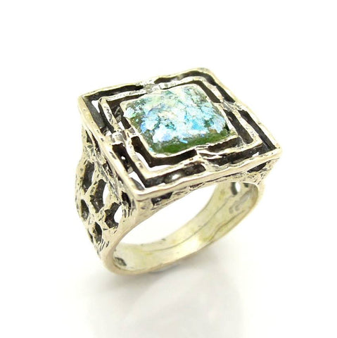 Rings - Wide And Square Mens Roman Glass Large Silver Ring
