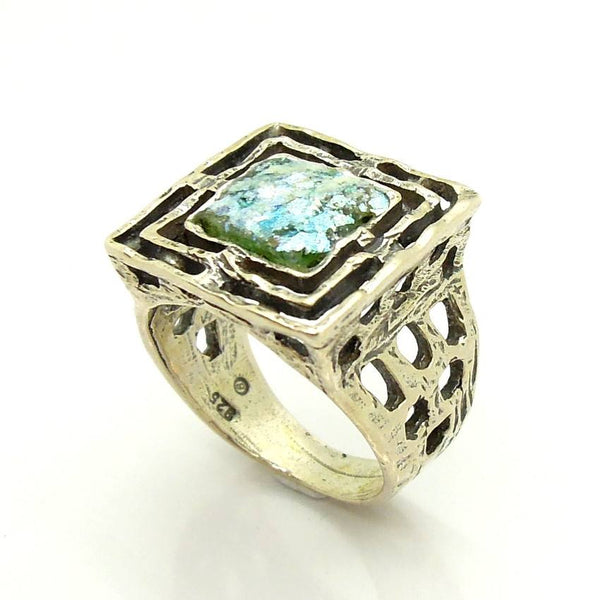 Rings - Wide And Square Mens Roman Glass Large Silver Ring