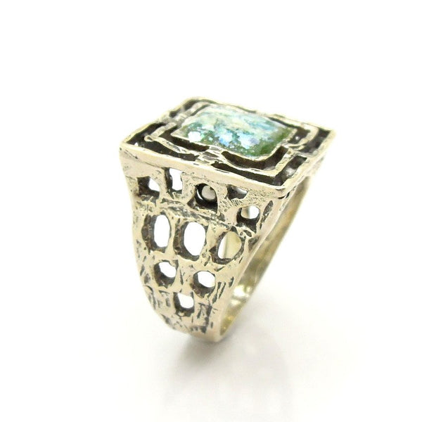 Rings - Wide And Square Mens Roman Glass Large Silver Ring
