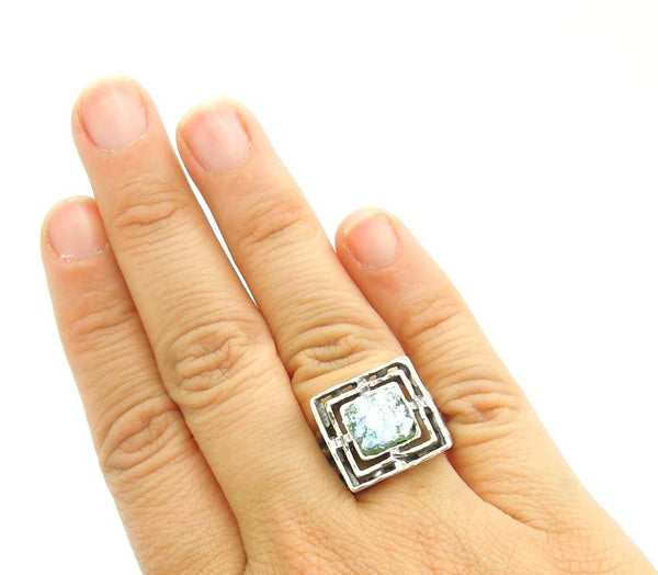 Rings - Wide And Square Mens Roman Glass Large Silver Ring